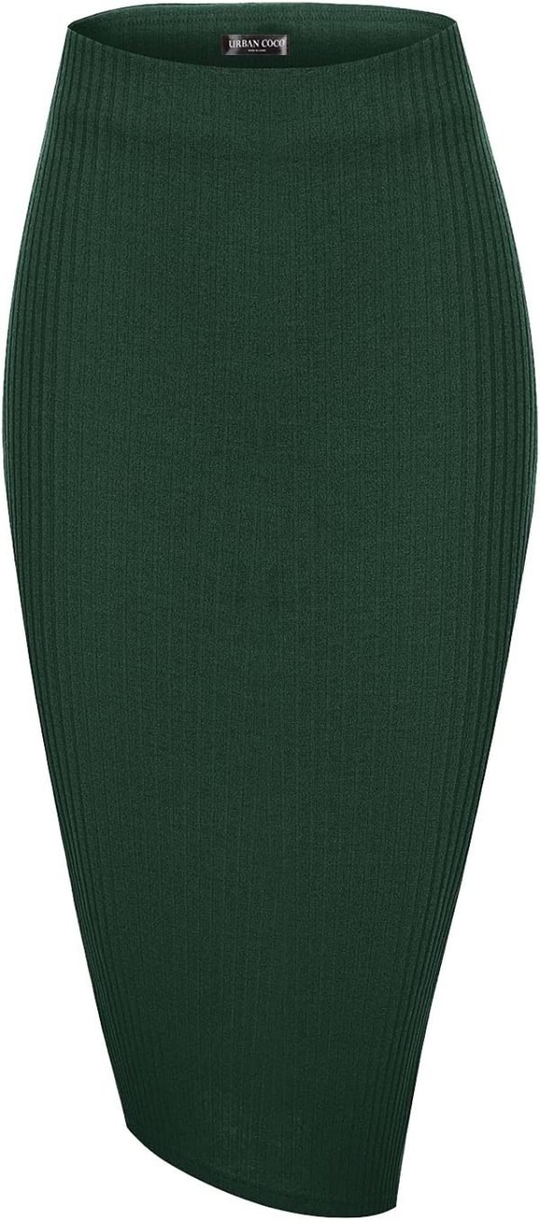 Saonta  Elastic High Waist Knee Length Pencil Skirt Ribbed Knit Basic Tube Midi Skirt