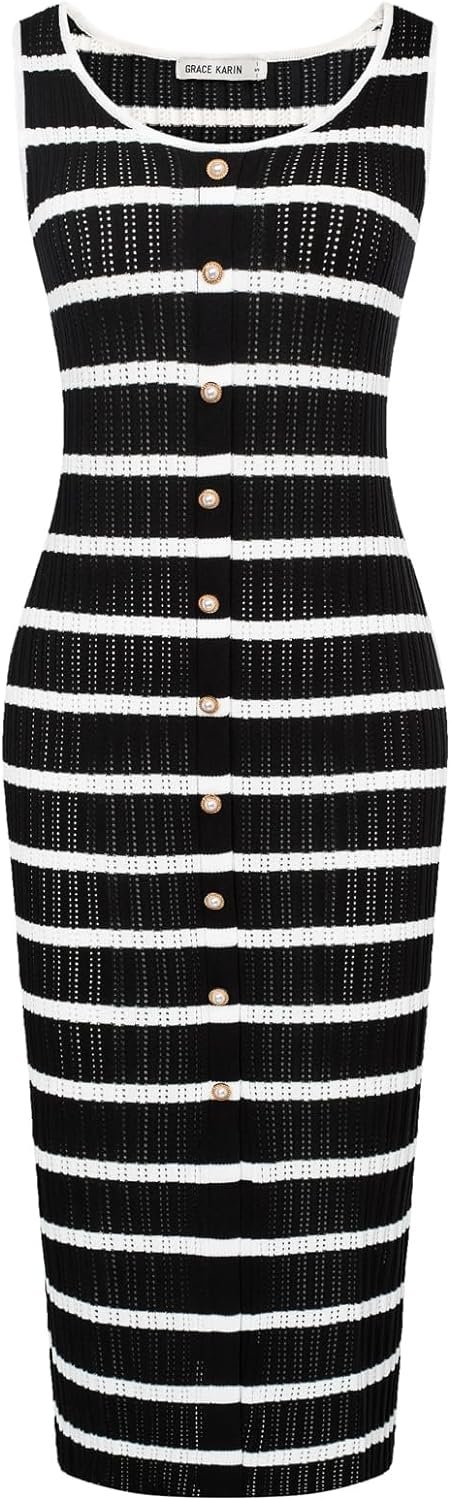 Saonta  Womens 2024 Summer Striped Dress Sleeveless Knitted Midi Bodycon Dresses Tank Ribbed Sweater Beach Dress