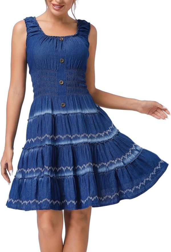 Saonta  Women's Maxi Dress Sleeveless Denim Long Summer A-line Casual Blue Cotton Boho Flowy Sundresses for Women