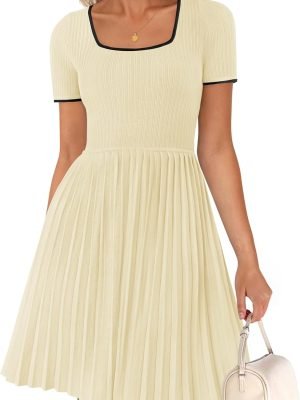 Saonta Women's Ribbed Square Neck Color Block Pleated Mini Dress Short Sleeve A Line Knit Short Dresses