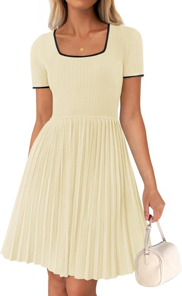 Saonta Women's Ribbed Square Neck Color Block Pleated Mini Dress Short Sleeve A Line Knit Short Dresses