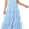Saonta Womens 2024 Summer Casual Sleeveless Smocked Ruffle Tulle Flowy Beach Sundress