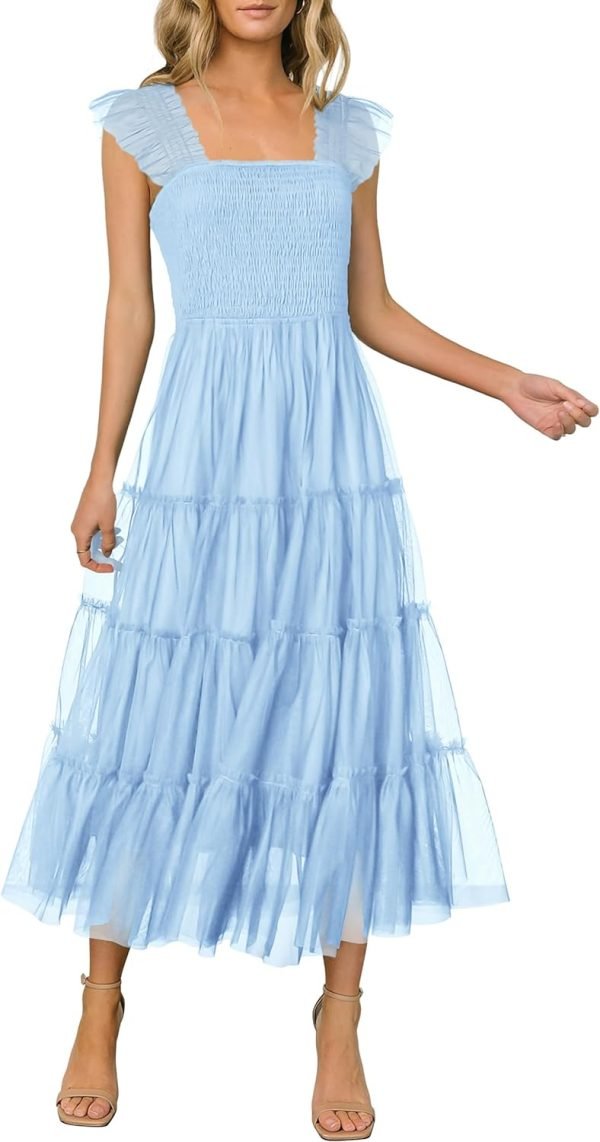 Saonta  Womens 2024 Summer Casual Sleeveless Smocked Ruffle Tulle Flowy Beach Sundress