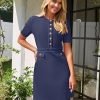Saonta  Women's Knit Bodycon Sweater Dress Button Short Sleeve Crew Neck Elegant Formal Mini Dress