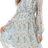 Saonta  Women Floral Print V Neck Long Sleeves Ruffles Pleated Chiffon Flowy Swing Midi Dress
