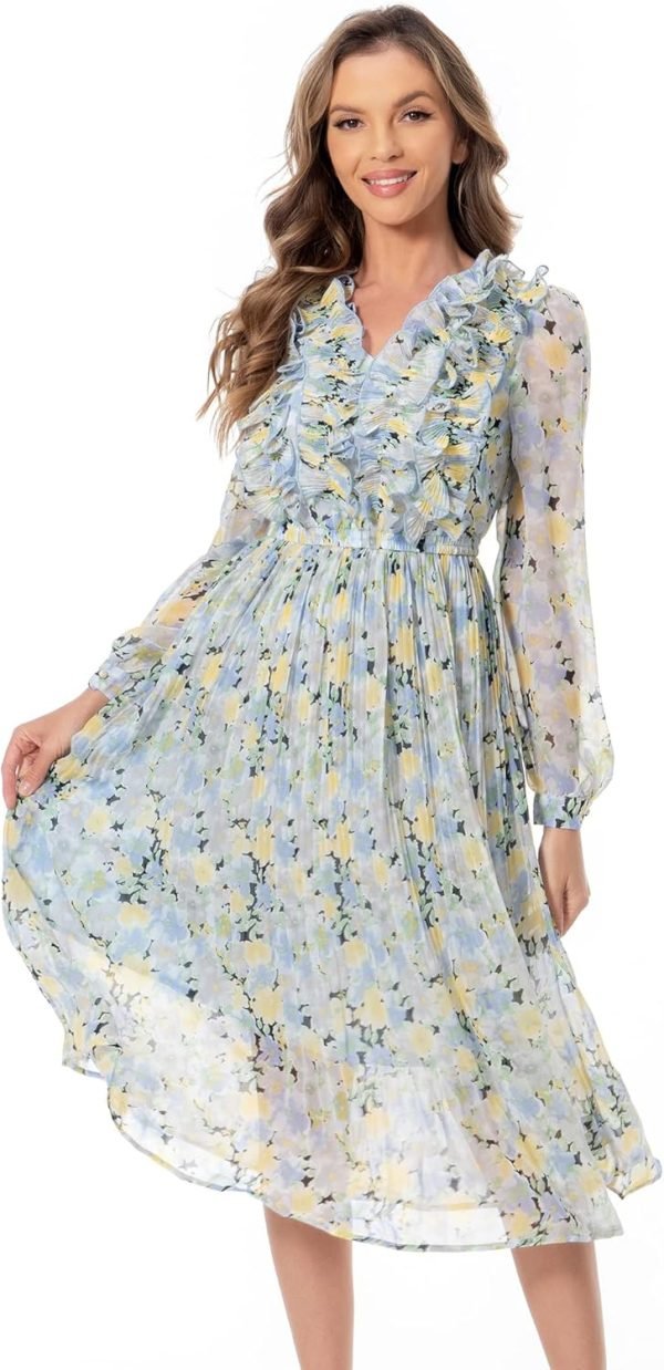 Saonta  Women Floral Print V Neck Long Sleeves Ruffles Pleated Chiffon Flowy Swing Midi Dress