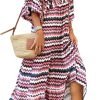 Saonta  Womens Loose Fit Casual Summer V Neck Half Sleeve Bohemian Geometric Pattern Maxi Long Dresses
