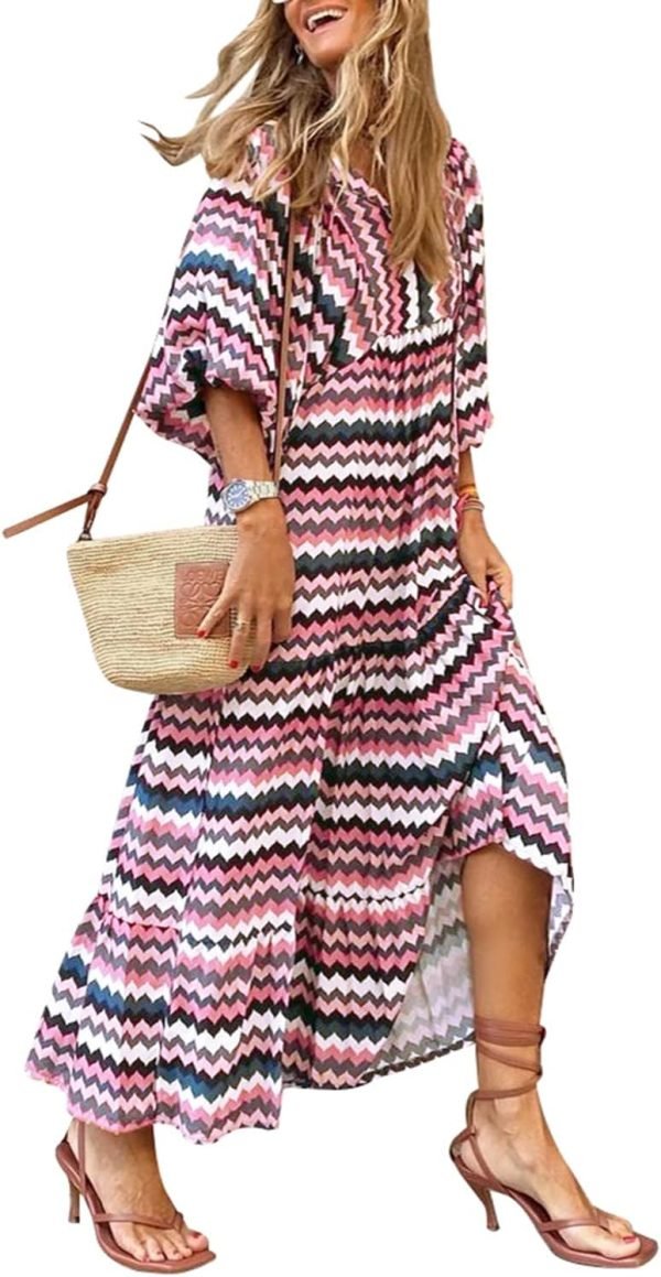 Saonta  Womens Loose Fit Casual Summer V Neck Half Sleeve Bohemian Geometric Pattern Maxi Long Dresses