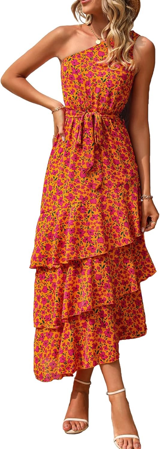 Saonta Womens Summer Floral One Shoulder Tiered Ruffle Flowy Midi Beach Boho Dress