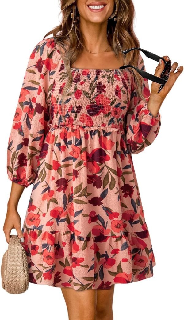 Saonta  Womens Summer Dresses 2024 Boho Floral Square Neck Smocked 3/4 Sleeve Casual A-Line Swing Mini Babydoll Dress
