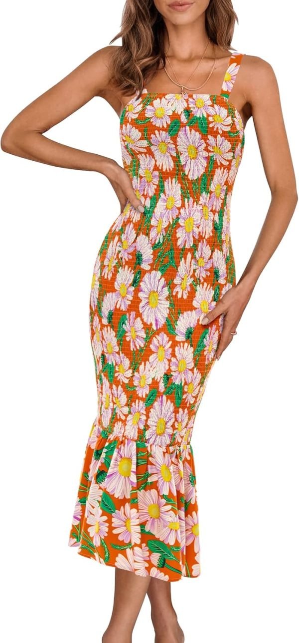 Saonta Womens Sleeveless Strappy Ruffle Hem Smocked Bodycon Dress