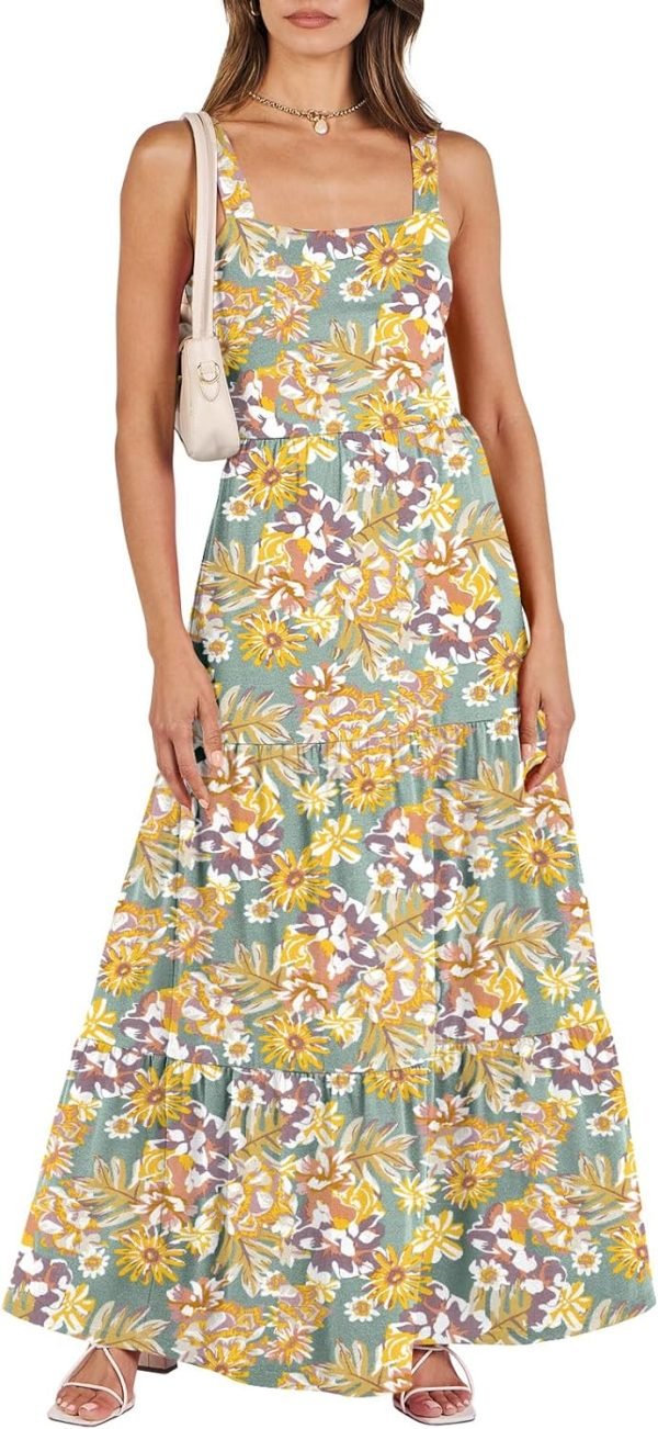 Saonta  Women's Summer Casual Long Maxi Beach Vacation Dresses Sleeveless Square Neck Flowy Tiered Sun Dress with Pockets