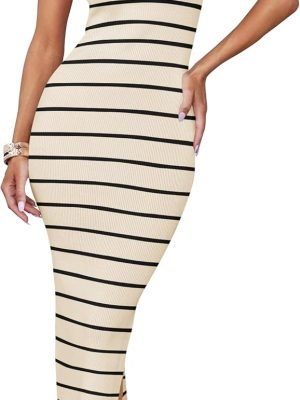Saonta Women's Summer Bodycon Midi Dress 2024 Striped Short Sleeve Ribbed Knit Slim Fit Side Slit T Shirt Dresses