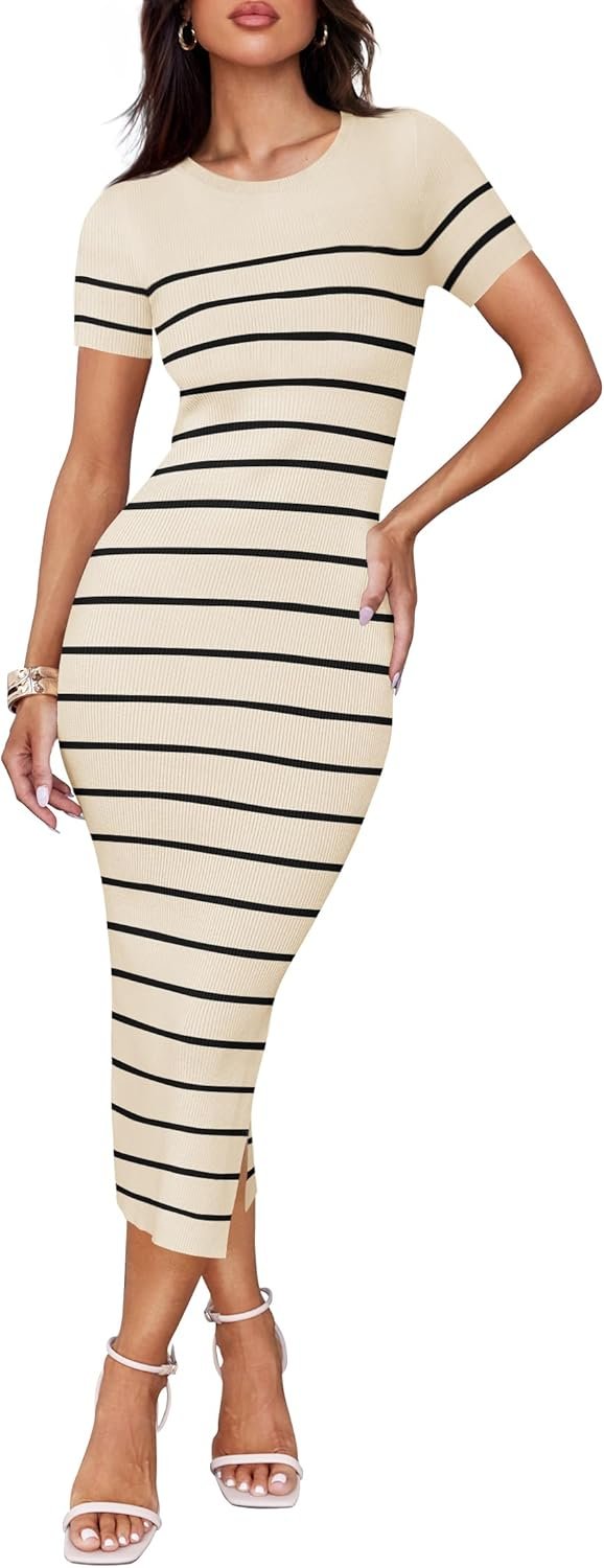 Saonta Women's Summer Bodycon Midi Dress 2024 Striped Short Sleeve Ribbed Knit Slim Fit Side Slit T Shirt Dresses