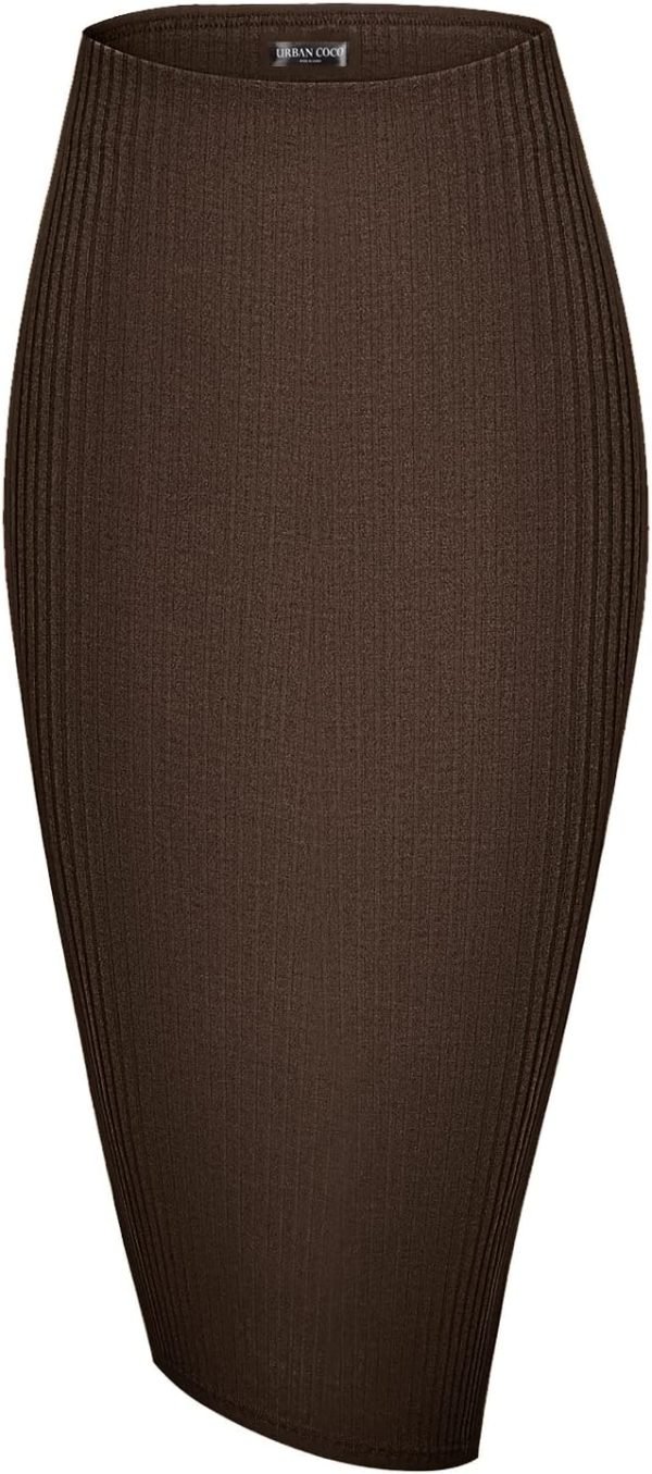 Saonta  Elastic High Waist Knee Length Pencil Skirt Ribbed Knit Basic Tube Midi Skirt