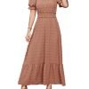 Saonta  Womens 2024 Puff Short Sleeve Square Neck Swiss Dot Smocked Waist Ruffle Hem Tiered Long Dress