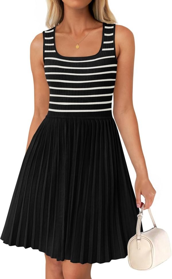 Saonta Women's Summer Sleeveless Mini Dress 2024 Square Neck Striped Knit A Line Pleated Tank Dresses