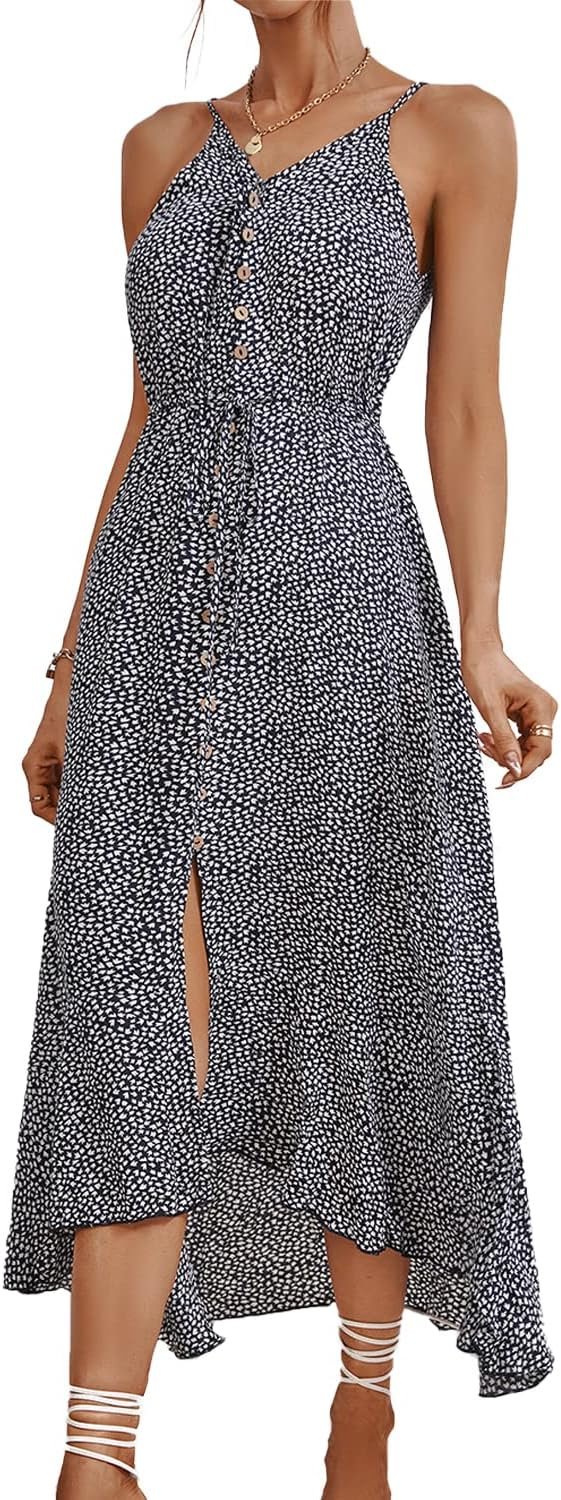 Saonta  Women's 2024 Summer Casual Boho Sundress Polka Dot Spaghetti Strap V Neck Flowy Midi Dresses