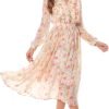 Saonta  Women Floral Print V Neck Long Sleeves Ruffles Pleated Chiffon Flowy Swing Midi Dress