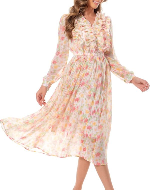 Saonta  Women Floral Print V Neck Long Sleeves Ruffles Pleated Chiffon Flowy Swing Midi Dress