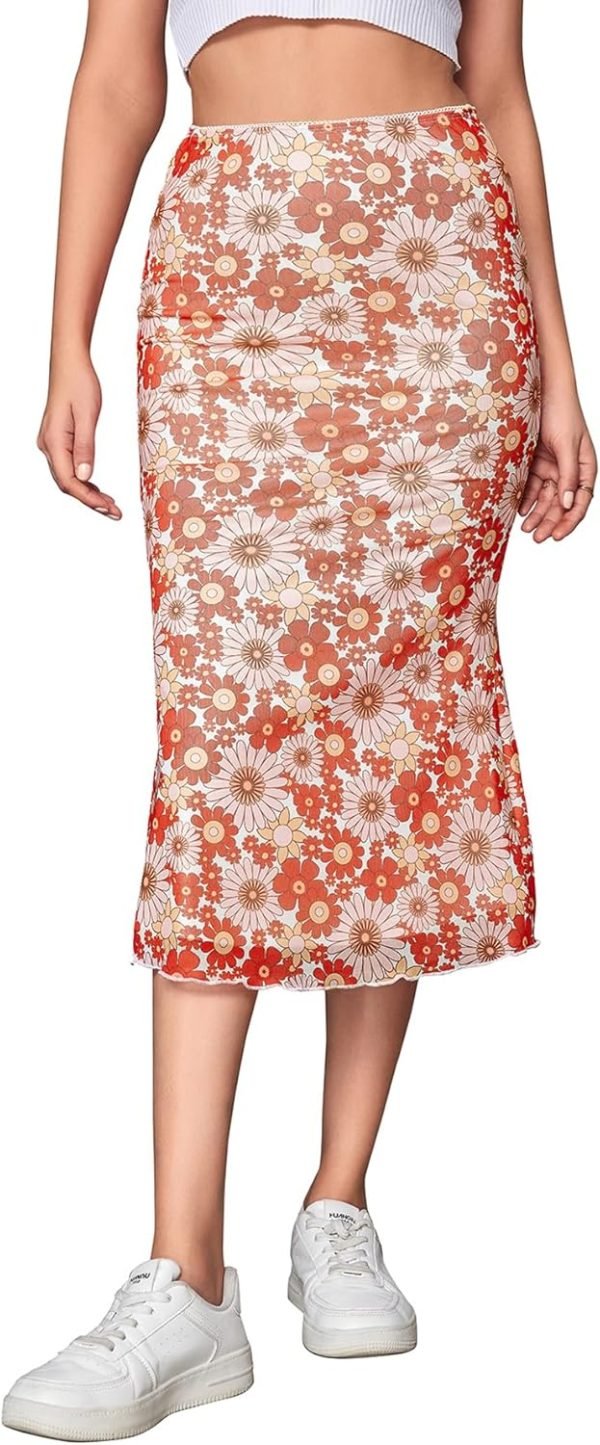 Saonta  Women's Lettuce Trim High Waist Mesh Fishtail Bodycon Long Skirt