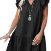 Saonta  Womens Summer V-Neck Drawstring Ruffle Cap Short Sleeve Casual Shift Mini Dress with Pockets