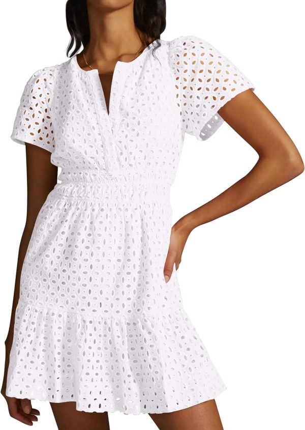 Saonta  Womens 2024 Summer Short Dress V Neck Short Sleeve A Line Hollow Out Lace Ruffle Cute Casual Beach Party Dresses