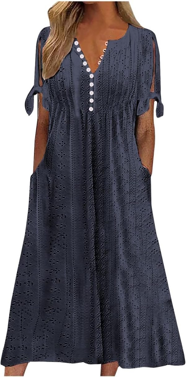 Womens Bohemian Maxi Long Dress Trendy Boho Dresses V Neck Beach Vacation Dress Casual Beachy Outfits with Pockets
