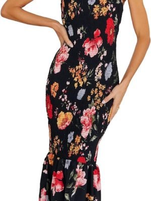 Saonta Womens Sleeveless Strappy Ruffle Hem Smocked Bodycon Dress