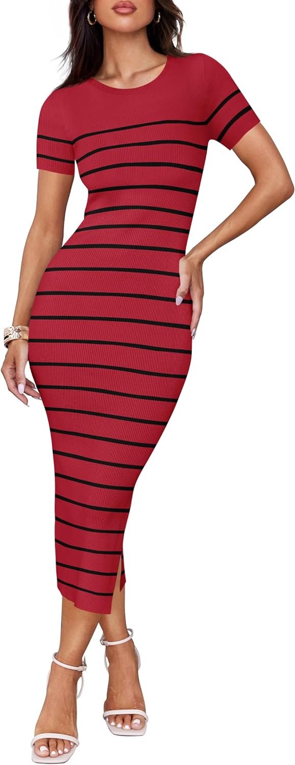 Saonta Women's Summer Bodycon Midi Dress 2024 Striped Short Sleeve Ribbed Knit Slim Fit Side Slit T Shirt Dresses