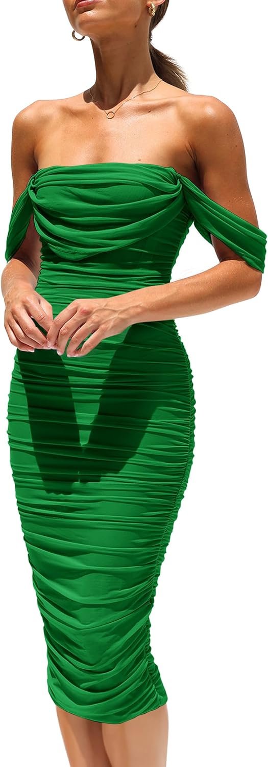 Saonta Womens Summer Off The Shoulder Ruched Bodycon Dresses Sleeveless Fitted Party Club Midi