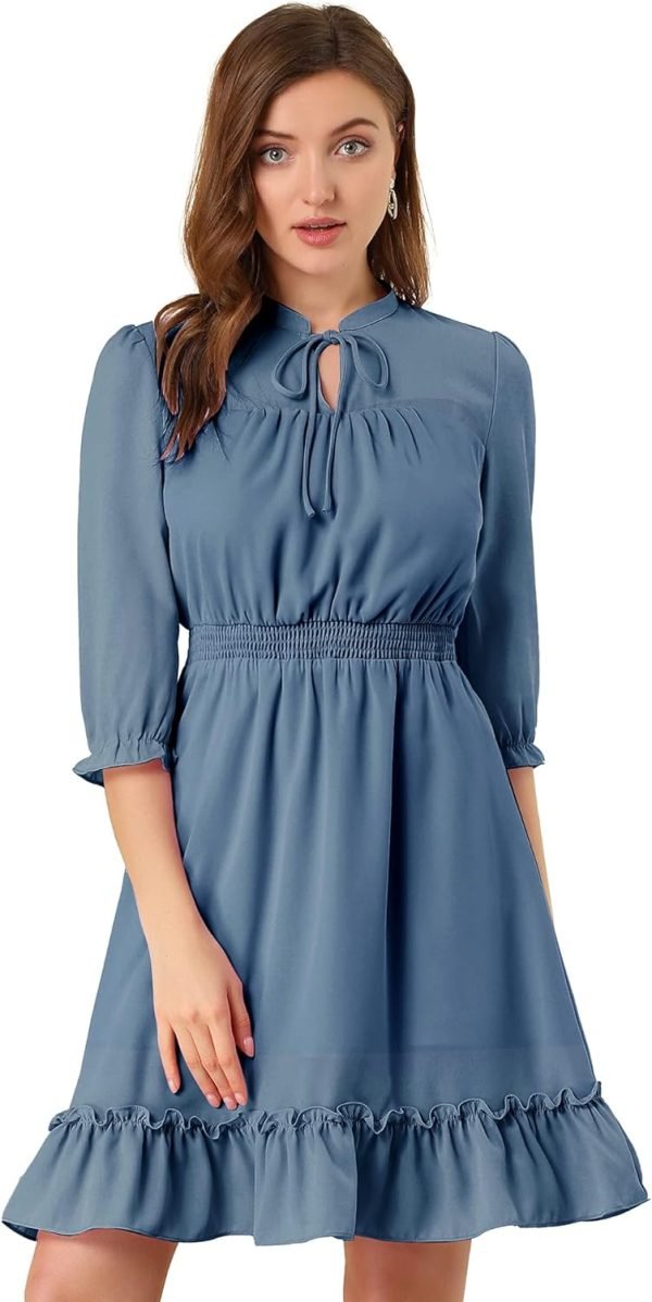 Saonta  K Women's Autumn Wedding Guest Dresses Ruffle Hem 3/4 Sleeve A-Line Smocked Short Chiffon Dress