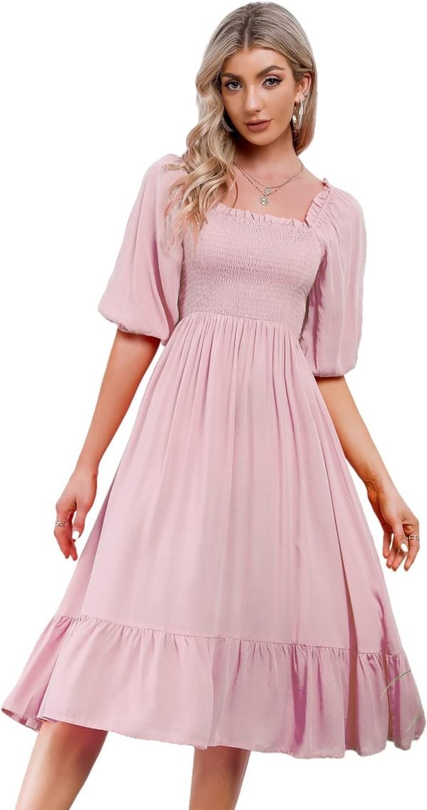 Saonta  Women's Summer Cotton Puff Sleeves Casual Vintage Polka Dots Print Off Shoulder Midi Dress