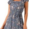 Saonta  K Women's Floral Chiffon Flutter Sleeve Belted Square Neck Ruffled Hem Dress