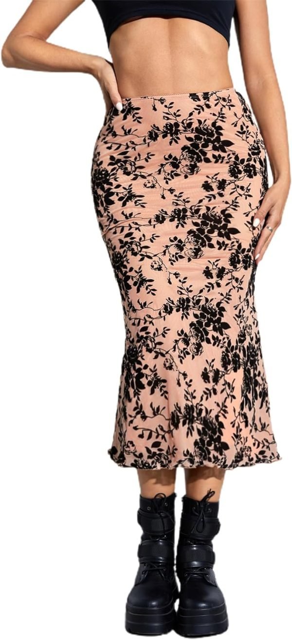 Saonta  Women's Lettuce Trim High Waist Mesh Fishtail Bodycon Long Skirt