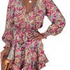 Saonta  Womens Summer Dresses 2024 Boho Floral Drawstring V Neck Smocked Long Sleeve Ruffle Tiered Chiffon Mini Short Dress