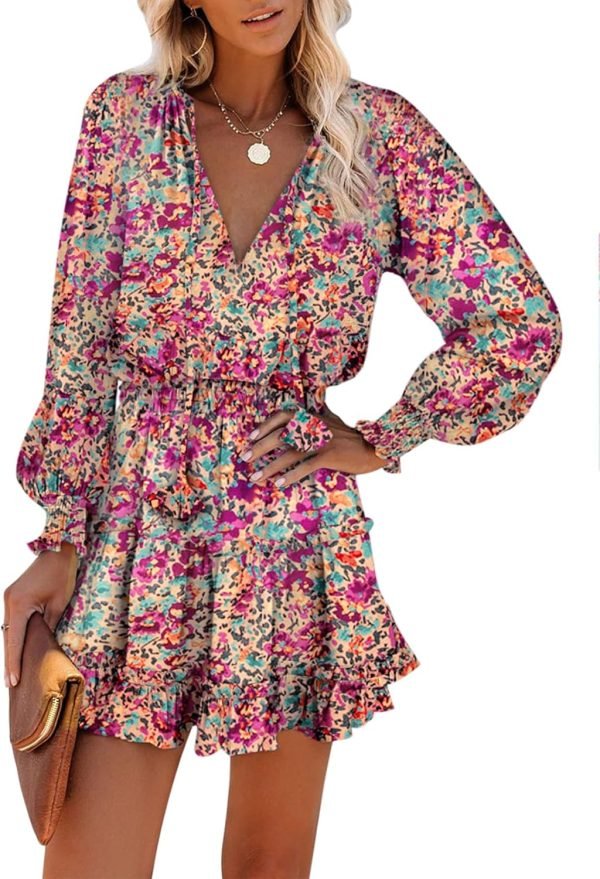 Saonta  Womens Summer Dresses 2024 Boho Floral Drawstring V Neck Smocked Long Sleeve Ruffle Tiered Chiffon Mini Short Dress