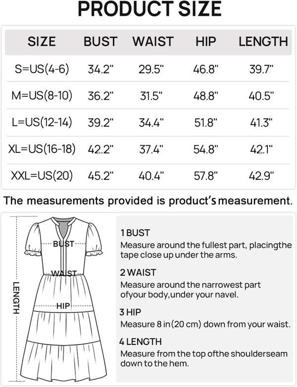 Saonta  Women's 2024 Summer Short Puff Sleeve Midi Dress Casual V Neck High Waist Tiered Swing A Line Dresses