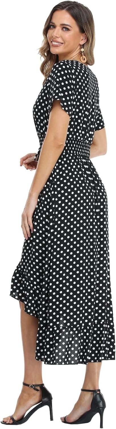 Women's Polka Dots Short Sleeve V Neck Dresses Vintage Boho Maxi Summer Dress with Stretchy Waist