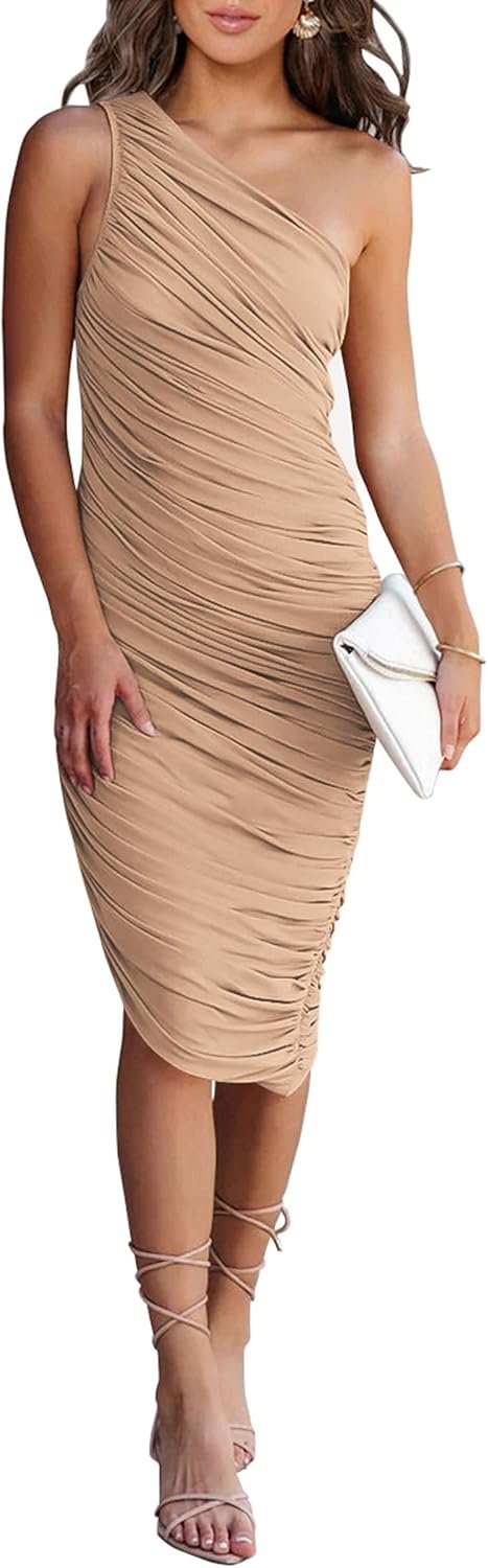 Saonta Women's Ruched Bodycon Dress 2024 Summer One Shoulder Sleeveless Party Cocktail Pencil Dresses