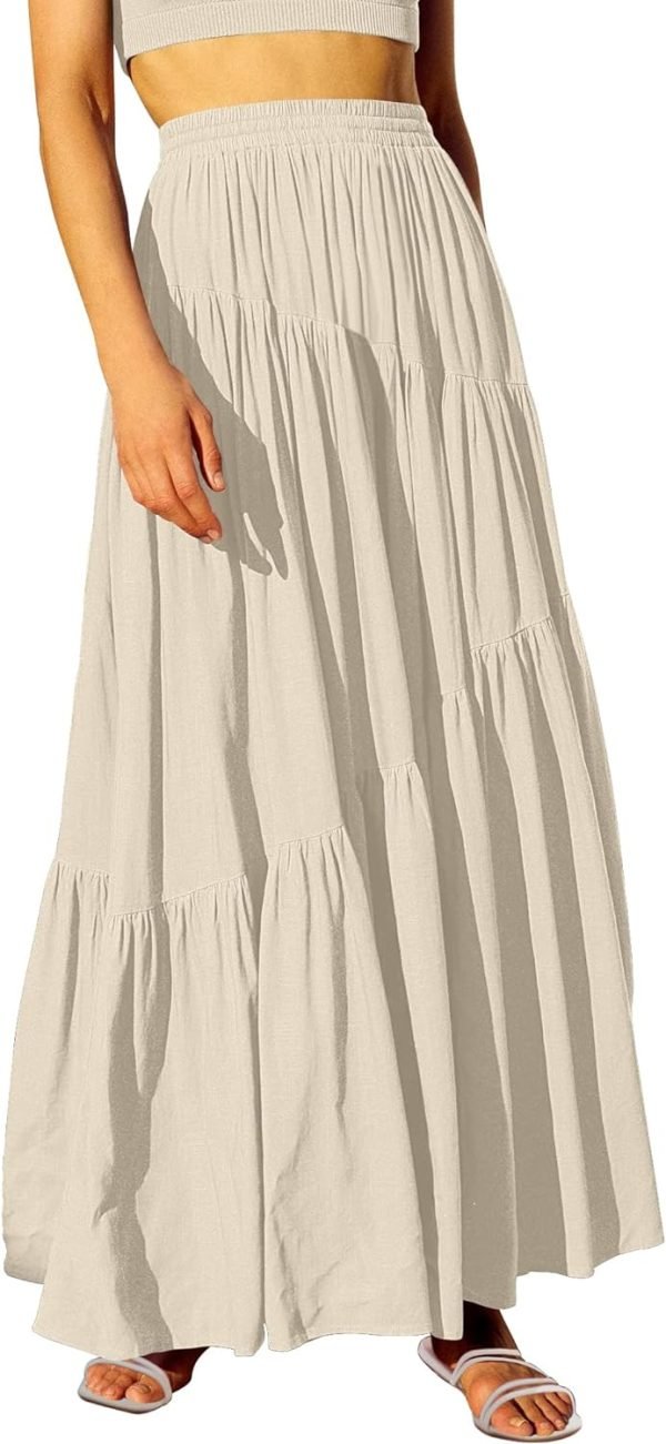 Saonta  Women??s Boho Elastic High Waist Pleated A-Line Flowy Swing Asymmetric Tiered Maxi Long Skirt Dress with Pockets
