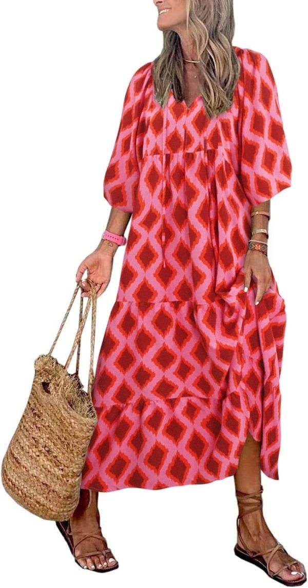 Saonta  Womens Loose Fit Casual Summer V Neck Half Sleeve Bohemian Geometric Pattern Maxi Long Dresses