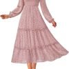 Saonta  Women 2024 Fall Dress Floral Boho Dress Casual Long Sleeve Crew Neck Ruffle A-Line Flowy Wedding Guest Maxi Dresses