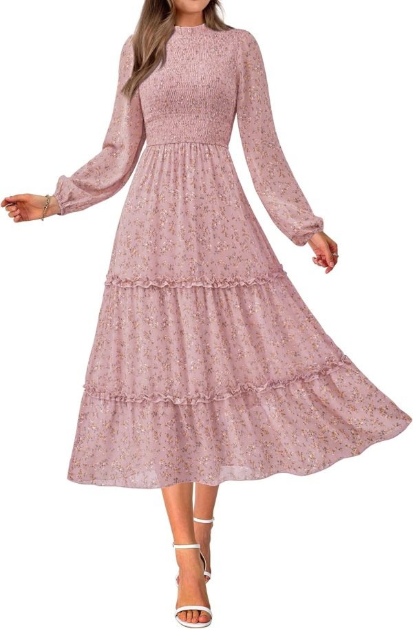 Saonta  Women 2024 Fall Dress Floral Boho Dress Casual Long Sleeve Crew Neck Ruffle A-Line Flowy Wedding Guest Maxi Dresses