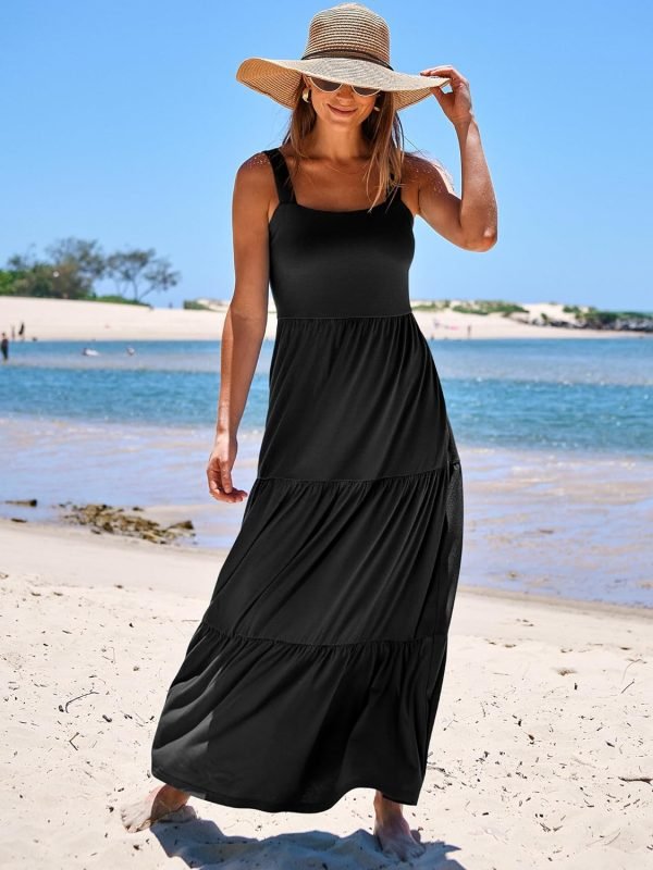 Saonta  Women's Summer Casual Long Maxi Beach Vacation Dresses Sleeveless Square Neck Flowy Tiered Sun Dress with Pockets