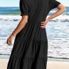 Saonta  Women's 2024 Summer Short Puff Sleeve Midi Dress Casual V Neck High Waist Tiered Swing A Line Dresses