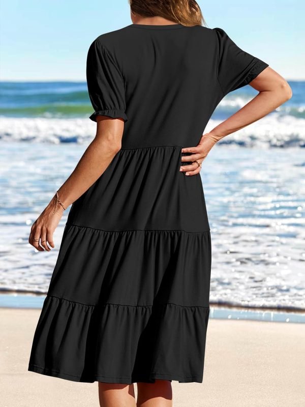 Saonta  Women's 2024 Summer Short Puff Sleeve Midi Dress Casual V Neck High Waist Tiered Swing A Line Dresses
