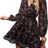 Saonta  Women's Floral Print Chiffon A-Line Mini Dress Long Peasant Sleeves