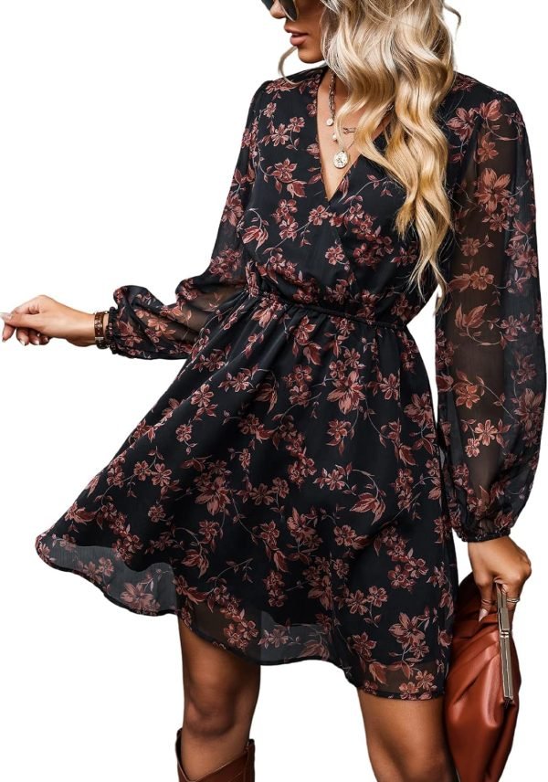 Saonta  Women's Floral Print Chiffon A-Line Mini Dress Long Peasant Sleeves