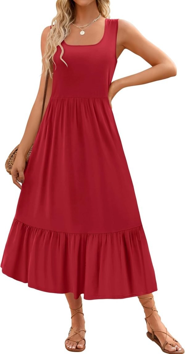 Saonta Women's 2024 Summer Sleeveless Dress Square Neck Pleated Swing Casual Maxi Dresses with Pockets